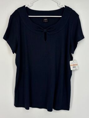 Rafaella Womens 2X Pullover Knit Top Nightfall Navy Blue Keyhole Neck Short Slv